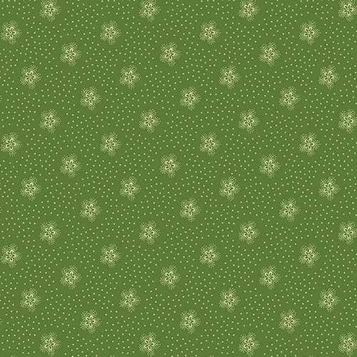 Andover Fabrics Snowberry Snowstorm Spruce Green, fabric with a green background and a floral and polka dot pattern.