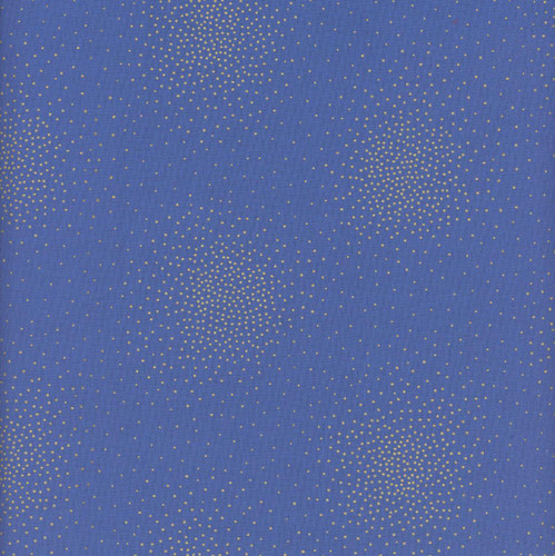 Andover Fabrics Spritz Metallic Spritz Royal, blue fabric with a pattern of small gold metallic dots arranged in swirling clusters.