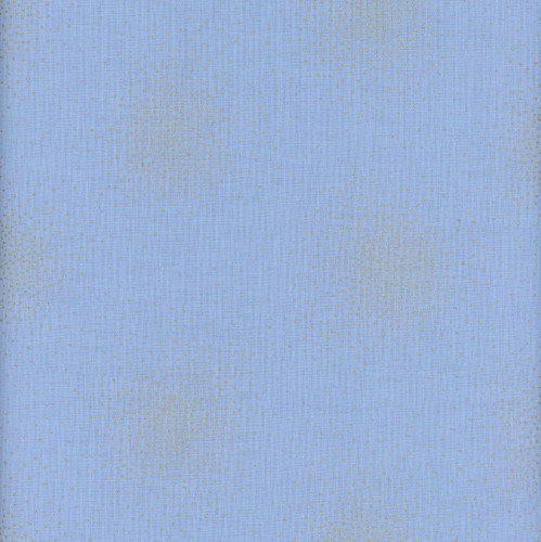 Andover Fabrics Spritz Metallic Spritz Icicle, light blue fabric with gold metallic dotted pattern.