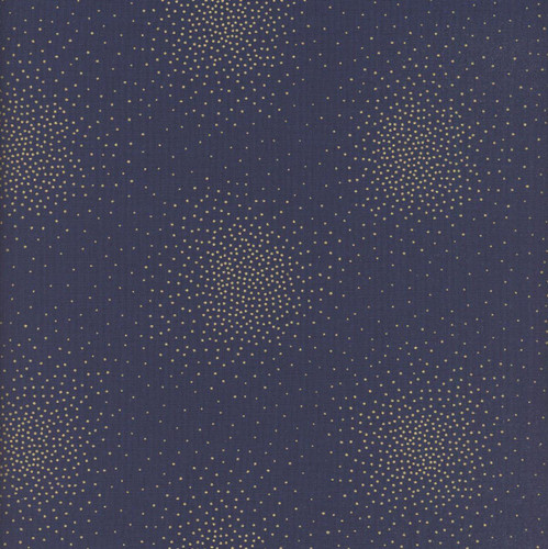Andover Fabrics Spritz Metallic Spritz Midnight, dark blue fabric with gold metallic dotted pattern.