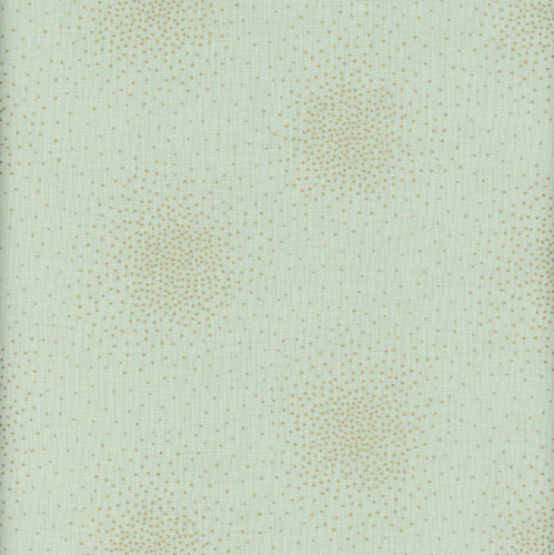 Andover Fabrics Spritz Metallic Spritz Pistachio, fabric with a pastel green background and a gold metallic dotted pattern.