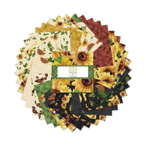 Wilmington Prints Fabrics Sunshine Whispers Bruce Park Charm Squares 42 Five Inch Squares, colorful fabric collection featuring sunflowers, butterflies, and autumn leaves in vibrant yellow, green, red, black, and cream colors.