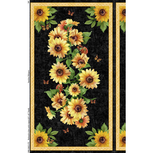 Wilmington Prints Fabrics Sunshine Whispers Bruce Park Sunflower Panel Black Yellow Green, fabric panel featuring vibrant yellow sunflowers with green leaves on a black background with butterflies.