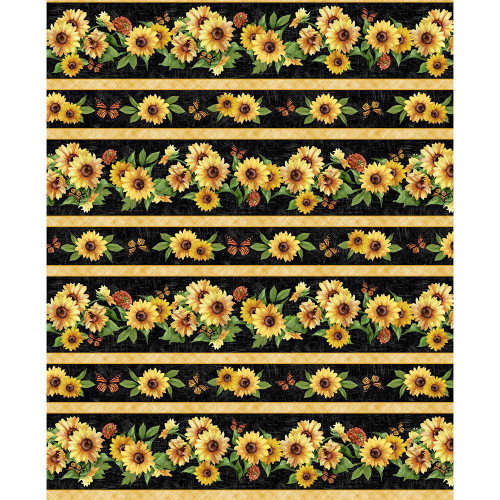 Wilmington Prints Fabrics Sunshine Whispers Bruce Park Repeating Stripe Black Yellow Green, floral and stripe pattern fabric with sunflowers, butterflies, and greenery on a black background.