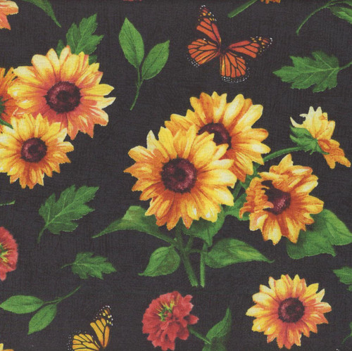 Wilmington Prints Fabrics Sunshine Whispers Bruce Park Sunflowers All Over Black Yellow Green, vibrant fabric featuring sunflower and butterfly patterns on a black background.