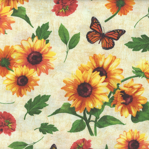 Wilmington Prints Fabrics Sunshine Whispers Bruce Park Sunflowers All Over Cream Yellow Green