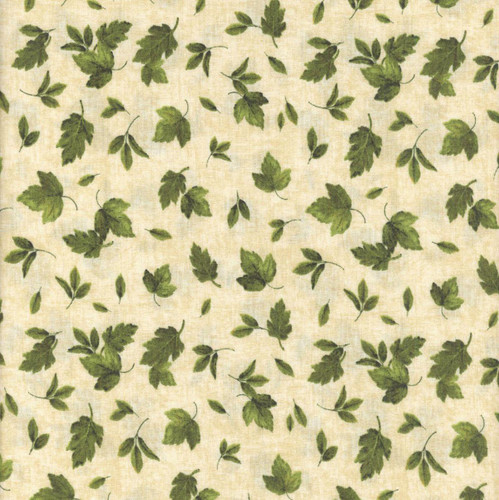 Wilmington Prints Fabrics Sunshine Whispers Bruce Park Leaves Toss Cream Green, fabric with a pattern of green leaves on a cream background.