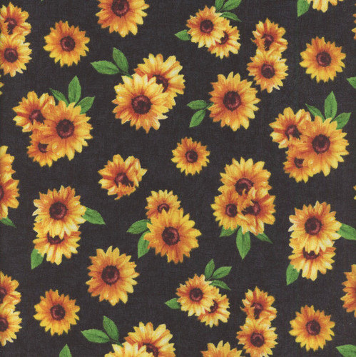 Wilmington Prints Fabrics Sunshine Whispers Bruce Park Sunflowers Bunches Black Yellow Green