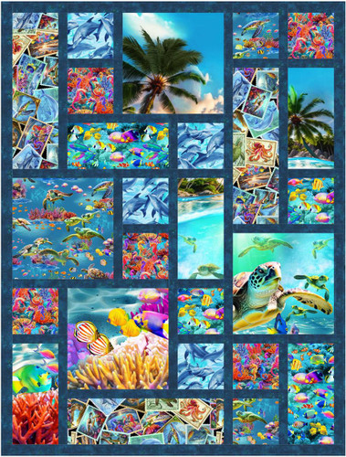 Timeless Treasures Underwater Paradise Ocean Tiles Quilt Kit, vibrant underwater scene with colorful fish, sea turtles, coral reefs, and marine life.