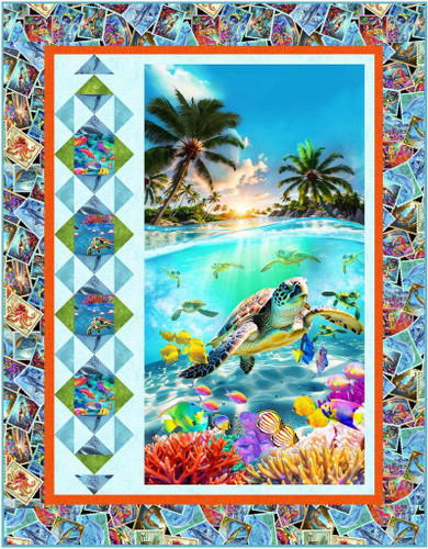 Timeless Treasures Underwater Paradise Family Album Quilt Kit, vibrant underwater scene with sea turtles, colorful fish, coral reefs, and tropical landscape with palm trees at sunset.