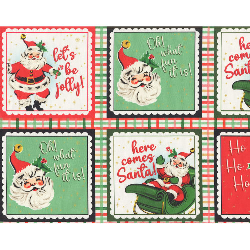 3 Wishes Fabrics Dancing Santa Christmas Fabric Green Red Cream Santa Postcard Patch