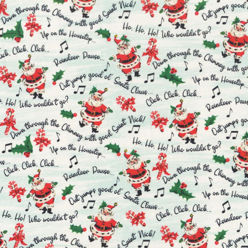 3 Wishes Fabrics Dancing Santa Christmas Fabric Blue Merry Melody Santa Sings, festive Christmas fabric featuring Santa Claus singing, holly leaves, candy canes, red ribbons, and musical notes.