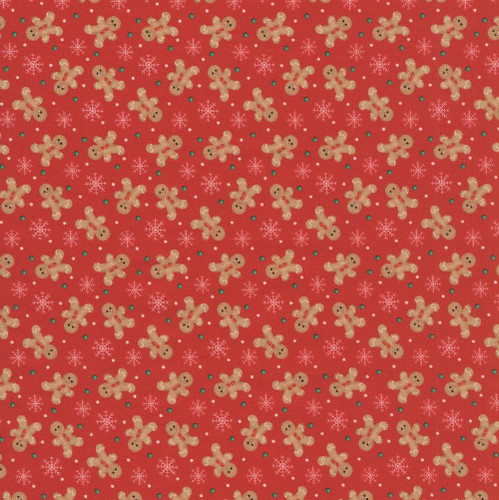 3 Wishes Fabrics Dancing Very Merry Gingerbread Christmas Fabric Red Mini Gingerbread Men, festive Christmas fabric with small gingerbread man pattern and snowflakes.