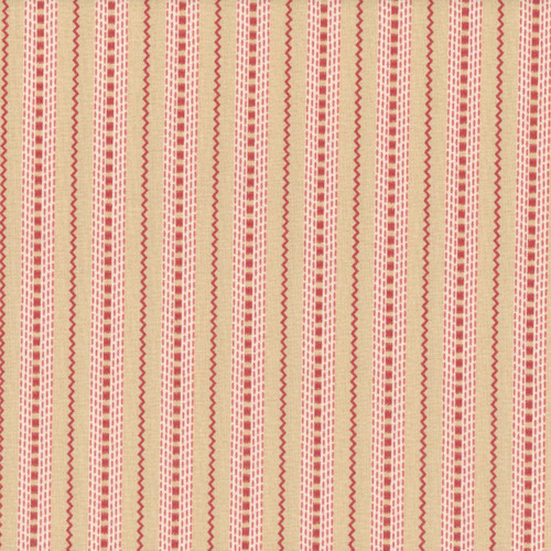 Henry Glass Fabrics Hearth and Home Janet Nesbitt Tan Printed Ticking, close-up of a printed fabric with vertical stripes in shades of tan and red, featuring various dashed and zigzag patterns.