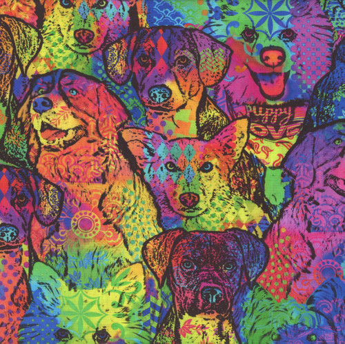 Timeless Treasure Fabrics Pets Dogs Cats Comic Dog Collage Bright Red Blue Yellow Green