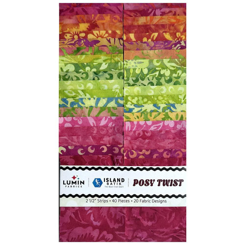 Lumin Fabrics Island Batik Posy Twist Batiks 2.5 Inch Strips, colorful fabric bundle with 40 pieces featuring 20 different designs in vibrant shades of pink, green, yellow, blue, orange, and purple.