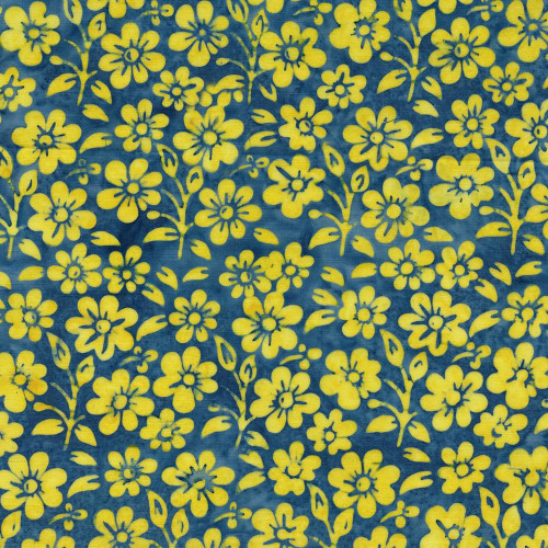 Lumin Fabrics Island Batik Countryside Charm Batiks Small Flowers and Leaves Blue French Blue, textile pattern featuring small yellow flowers and leaves on a blue background.