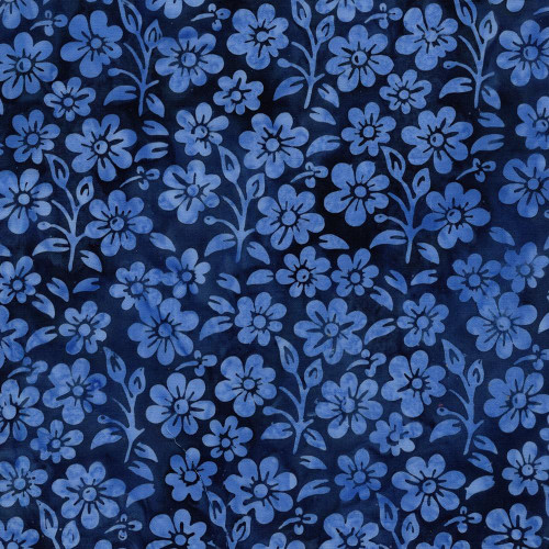 Lumin Fabrics Island Batik Countryside Charm Batiks Small Flowers and Leaves Blue Ocean, fabric with a floral pattern of small flowers and leaves in blue shades on a dark background.