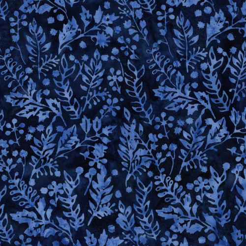 Lumin Fabrics Island Batik Countryside Charm Batiks Vines Leaves and Berries Blue Ocean, intricate batik fabric with a dark blue background and a detailed pattern of vines, leaves, and berries in lighter blue shades.