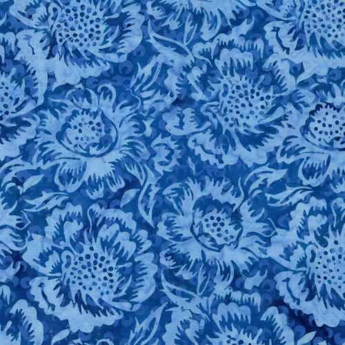 Lumin Fabrics Island Batik Countryside Charm Batiks Large Floral Blue Sapphire, a vibrant fabric featuring a large floral batik pattern in shades of blue and sapphire.