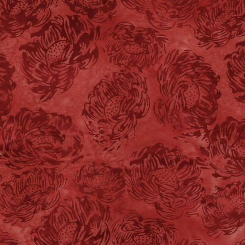 Lumin Fabrics Island Batik Everbloom Batiks Tossed Medium Flowers Red Coral, a fabric with red coral background and dark red floral and botanical motifs.