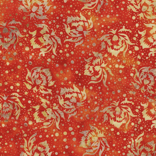 Lumin Fabrics Island Batik Everbloom Batiks Flowers and Dots Multi, fabric with a vibrant orange background adorned with golden floral and dot patterns.