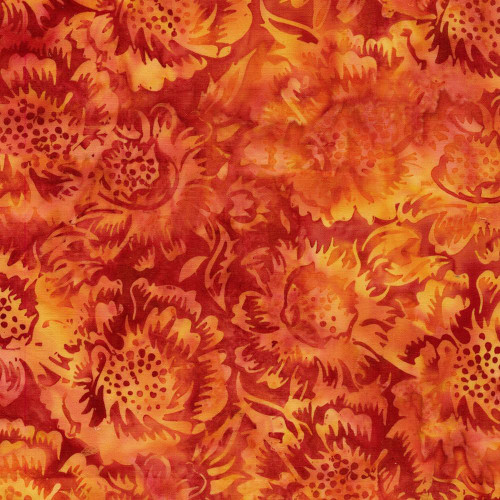 Lumin Fabrics Island Batik Posy Twist Batiks Large Floral Multi Red Orange, vibrant floral batik fabric with large flower patterns in red, orange, and yellow hues.