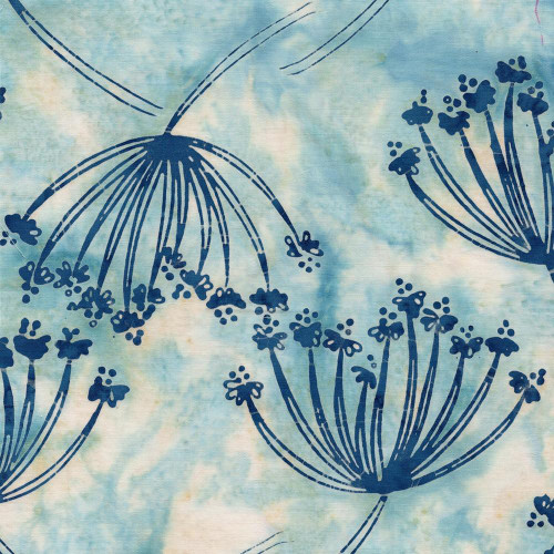 Lumin Fabrics Island Batik Meadow Brook Batiks Queen Anne's Lace Blue Heavenly, fabric pattern featuring blue stylized flower designs on a soft watercolor background.
