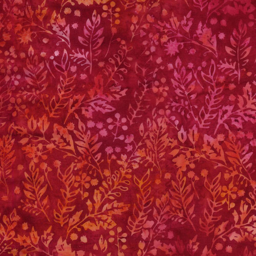 Lumin Fabrics Island Batik Posy Twist Batiks Vines Leaves and Berries Pink Rosewood, fabric with a pattern of vines, leaves, and berries in shades of pink, orange, and red.