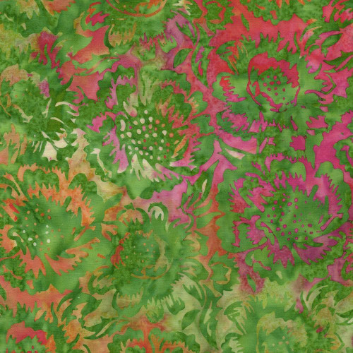 Lumin Fabrics Island Batik Posy Twist Batiks Large Floral Green Apple, vibrant floral batik fabric with large pink and green flowers and leaves.