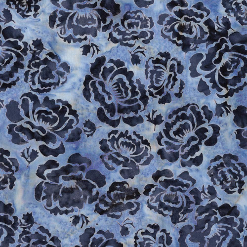 Lumin Fabrics Island Batik Rosy Bloom Batiks Hollyhock Purple Thistle, fabric featuring a floral pattern of dark purple hollyhocks and thistles on a soft purple and blue watercolor background.