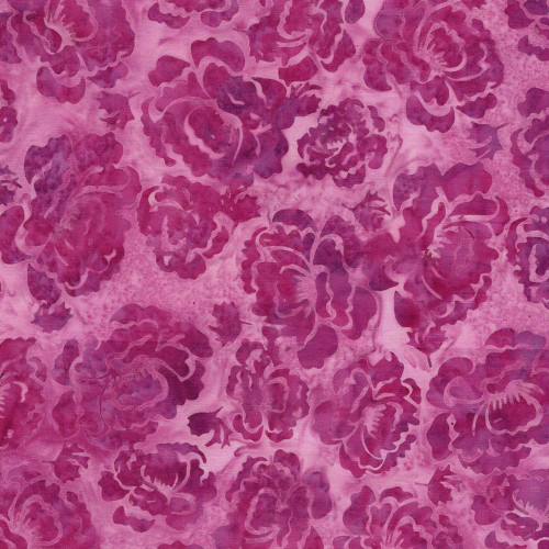 Lumin Fabrics Island Batik Rosy Bloom Batiks Hollyhock Red Salmon, floral batik fabric with a pink and red color palette and intricate rose and hollyhock flower patterns.