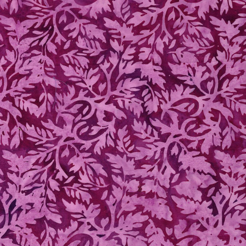 Lumin Fabrics Island Batik Rosy Bloom Batiks Leafy Vine Pink Plum, vibrant fabric with a leafy vine pattern in shades of pink and plum.