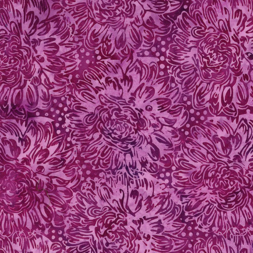 Lumin Fabrics Island Batik Rosy Bloom Batiks Large Dahlias Pink Rosewood, a fabric featuring a vibrant pattern of large dahlias in pink and rosewood hues with intricate floral design and dotted accents.