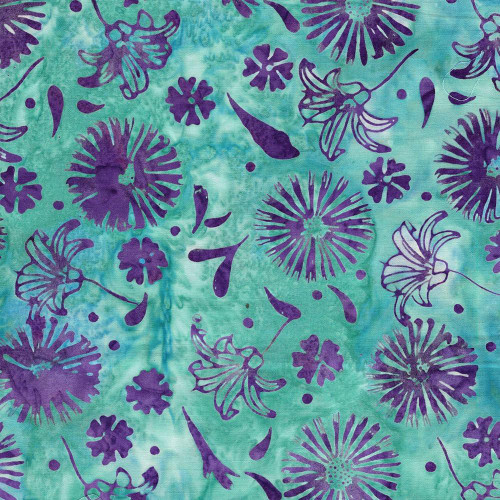Lumin Fabrics Island Batik Secret Garden Batiks Medium Daisies and Lillies Teal Pool, fabric with purple floral and lily patterns on a teal and blue tie-dye background.