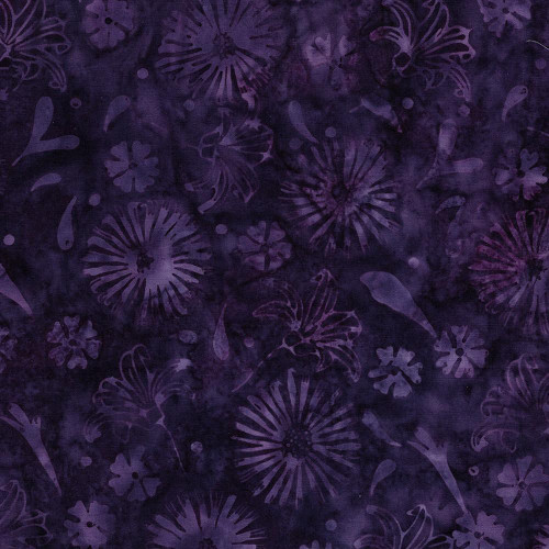 Lumin Fabrics Island Batik Secret Garden Batiks Medium Daisies and Lillies Purple Hyacinth, floral batik fabric with purple and violet tones featuring daisies, lilies, butterflies, and hyacinths.