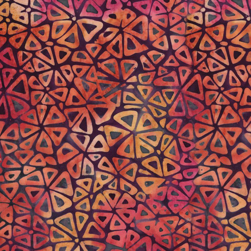 Lumin Fabrics Island Batik Salsa Batiks Petal Flower Multi Red Blue Dusty, a colorful fabric with a vibrant petal and flower pattern in red, blue, and dusty tones.