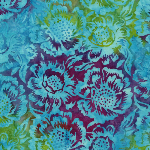 Lumin Fabrics Island Batik Springtime Bouquet Batiks Large Floral Multi Purple Green Flourite, vibrant floral patterns in purple, green, and blue colors.