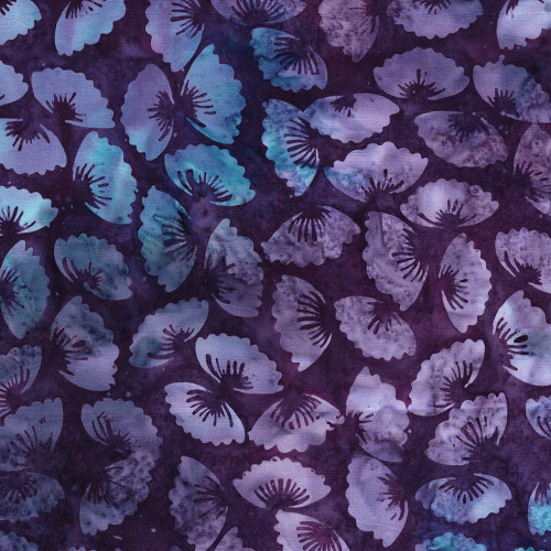 Lumin Fabrics Island Batik Secret Garden Batiks Medium Petals Purple Boysenberry, fabric with purple and blue butterfly and petal pattern.