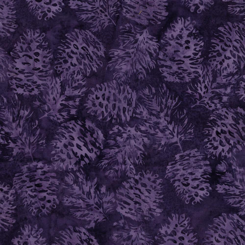 Lumin Fabrics Island Batik Sunflower Spice Batiks Pinecones and Fir Sprigs Purple, purple batik fabric with distressed sunflower, pinecone, and fir sprig patterns.