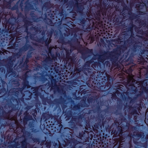 Lumin Fabrics Island Batik Springtime Bouquet Batiks Large Floral Multi Blue Purple, close-up of a fabric with large floral patterns in shades of blue and purple.