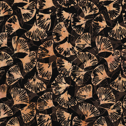 Lumin Fabrics Island Batik Woodland Warmth Batiks Tossed Petals Black, intricate fabric pattern featuring tan and black petal-like shapes on a black background.