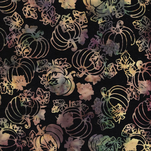 Lumin Fabrics Island Batik Woodland Warmth Batiks Tossed Pumpkins Black, batik fabric featuring pastel-colored pumpkins and leaves on a black background.