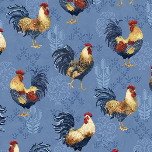 Lumin Fabrics White Owl Rooster Reverie Susan Winget Roosters Blue, a pattern featuring colorful roosters on a blue background with floral and decorative motifs.