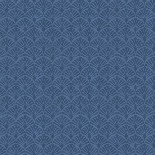 Lumin Fabrics White Owl Rooster Reverie Susan Winget Scallop Blue, blue fabric with an intricate scallop and fan pattern in a repeating art deco style.