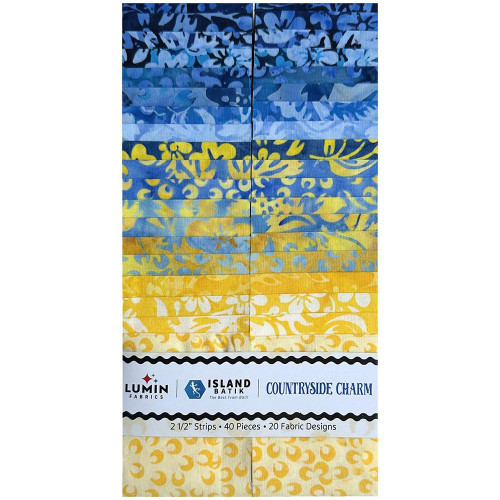 Lumin Fabrics Island Batik Countryside Charm Batiks 2.5 Inch Strips, colorful fabric strips in shades of blue and yellow with floral and abstract patterns.