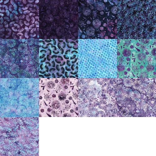 Lumin Fabrics Island Batik Secret Garden Batiks 2.5 Inch Strips, a collection of vibrant fabric strips with floral and nature-inspired patterns in shades of purple, blue, and teal.