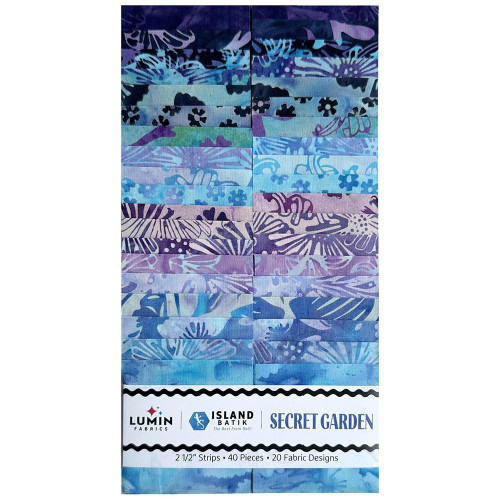 Lumin Fabrics Island Batik Secret Garden Batiks 2.5 Inch Strips, colorful batik fabric strips with floral and leaf patterns in shades of purple, blue, and aqua.