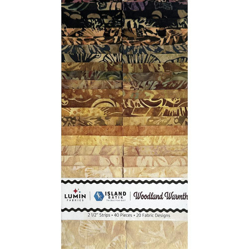 Lumin Fabrics Island Batik Woodland Warmth Batiks 2.5 Inch Strips, colorful fabric strips with woodland and nature-inspired patterns in warm earthy tones.