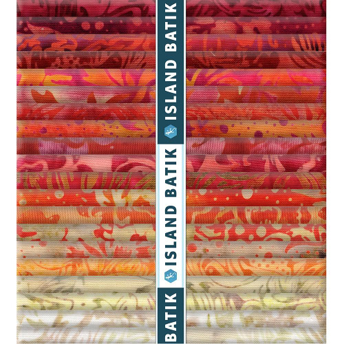 Lumin Fabrics Island Batik Everbloom Batiks Fat Quarter Bundles, colorful fabric bundle with vibrant floral and abstract patterns in shades of red, orange, pink, and yellow.